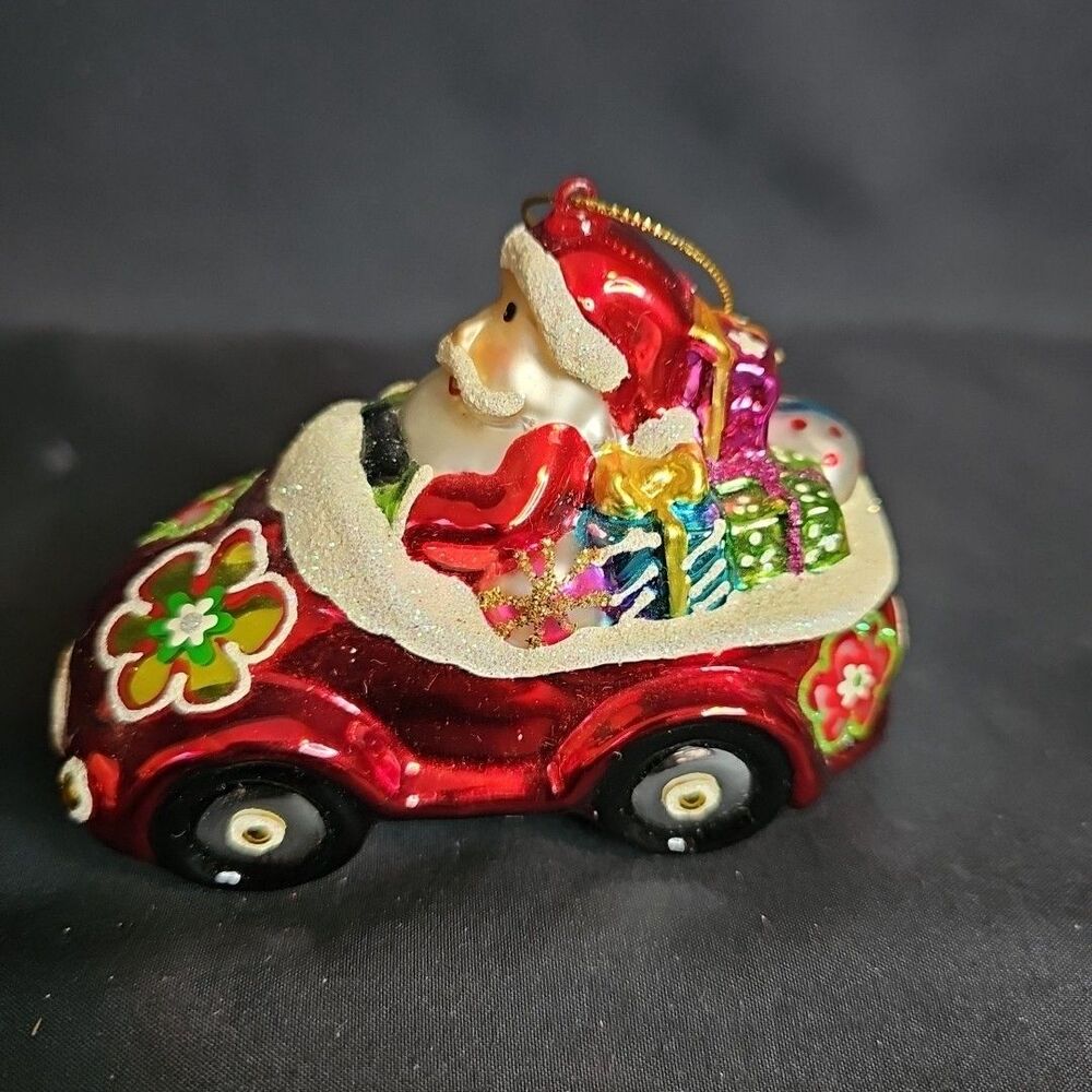 Hippie flower Santa Claus car convertible blown glass ornament Xmas glitter